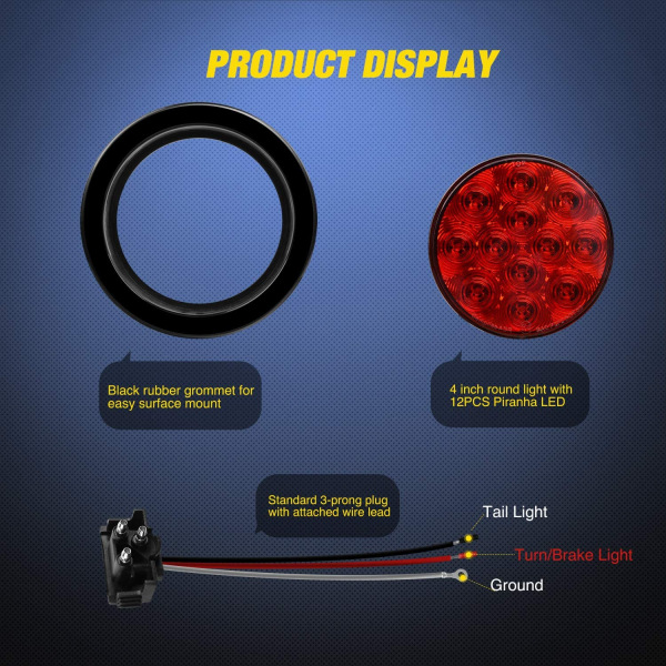 4 STK 4" Runde røde LED Trailer Baglygter m/Overflademonteret Grommet