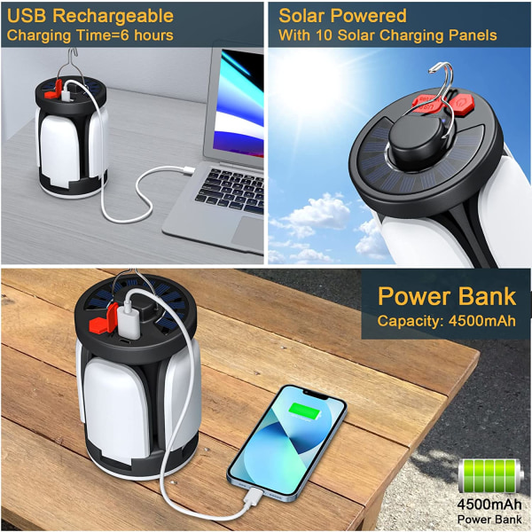 LED Camping Lanterne 4500mAh Solcelle Lampe USB Genopladelig 6 Lighti