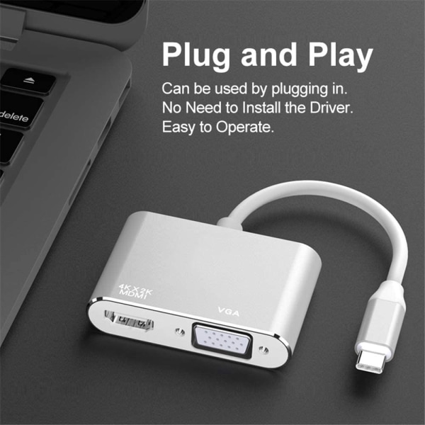 USB-C till HDMI VGA-adapter, 2-i-1 Typ C till HDMI 4K, VGA 1080P C