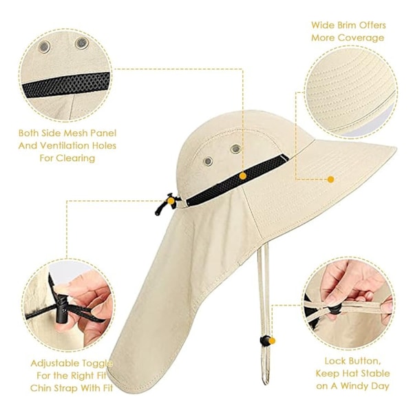 Solhat Anti UV Vandrehat med Nakke Beskyttelse Stor Skygge (beige)