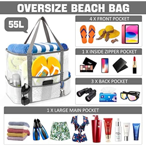 Mesh Strandväska, Stor Strandväska Simväska Fällbar Mesh Tote