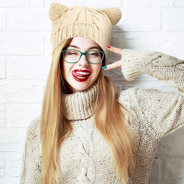 Kattöronmössa - Beige söt katt stickad mössa vinter stickad kabel