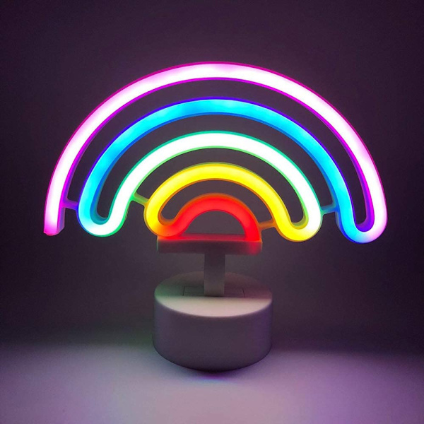 LED Söt Färgglad Neon Regnbågsskylt Lampa Regnbåge Neonljus med Bas Batteridriven Regnbåge Inomhus Nattlampa Dekor