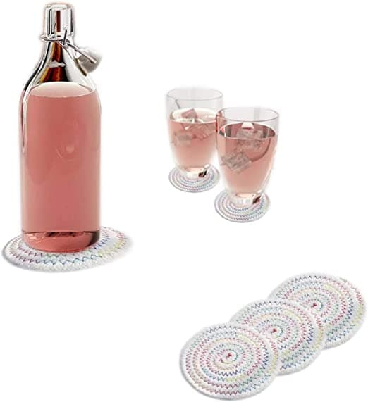Set med 6 hvite underlag, bomullsvevd kopp, kopp, flaske, underlag