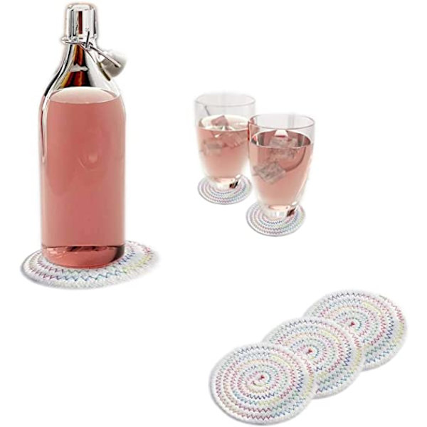 Set med 6 vita underlägg, bomullsvävd kopp, kopp, flaska, underlägg