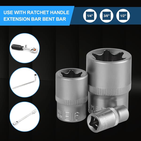 Naarasokettilaatikko 1/4\" 3/8\" 1/2\", Torx E-profiilisokki E4, E5, E6, E7, E8, E10, E11, E12,