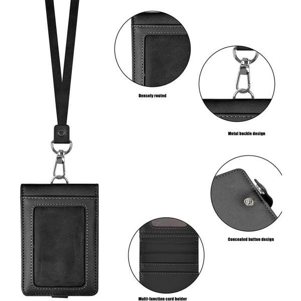 Svart - ID-korthållare med lodrätt läder-ID-märke Ho