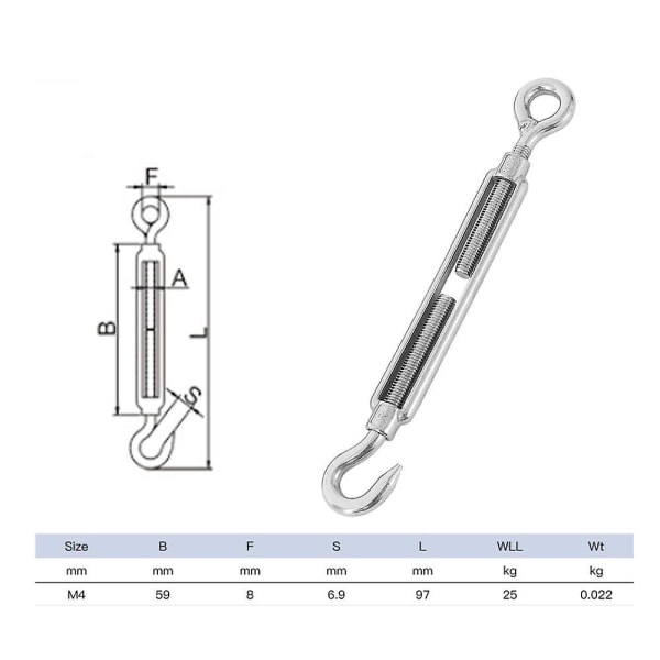 M4 Turnbuckle 304 ruostumatonta terästä, Hardware Kit Rop Rop