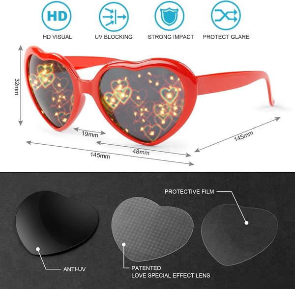 2 kpl 3D erikoistehosydänlaseja, 3D sydämet valon diffraktio