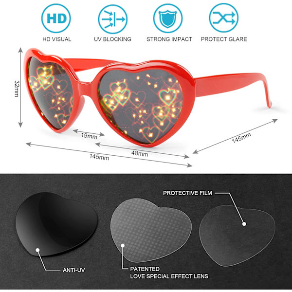 2 stk. 3D Special Effect Hjertebriller, 3D Hjerter Lys Diffraktion