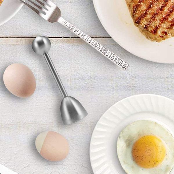 Med 1 eggåpner + 2 skjeer + 2 eggeskall - rustfritt stål egg