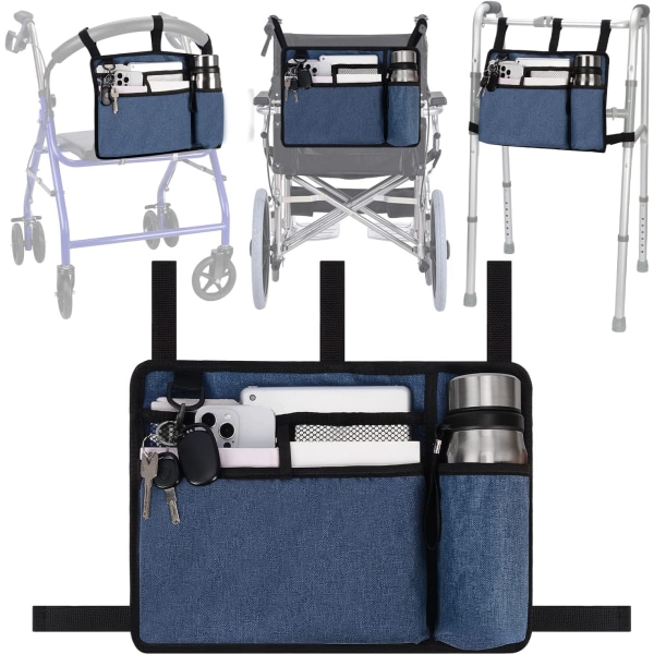 Blå gåtaske med kopholder, vandtæt kørestolspose