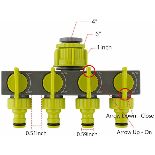 Dryppvanningssett 4-veis hageslange splittere, kranavleder, hageslangekobling, vannsplitter med 4 individuelle av/på-brytere for i-systemer