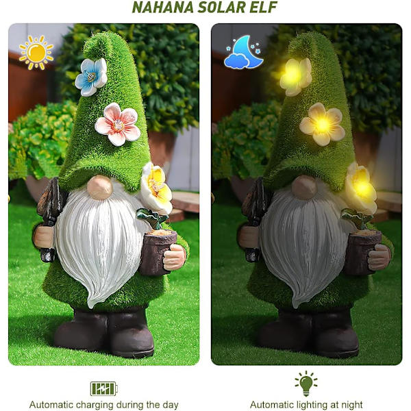 Puutarhatonttu, LED-ulkoilmatonttu, vedenpitävä hartsipuutarhatonttufiguuri aurinkovaloilla, puutarhatontut puutarhaan, terassille, pihalle, nurmikolle, ulkokoristeluun F