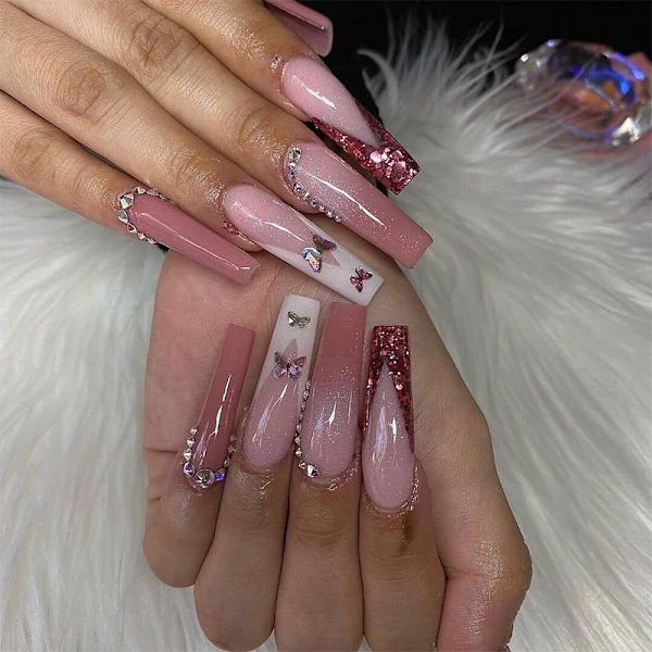 Pink Rhinestone Butterfly Glitter Pink Lange Falske Negle (24 stk)