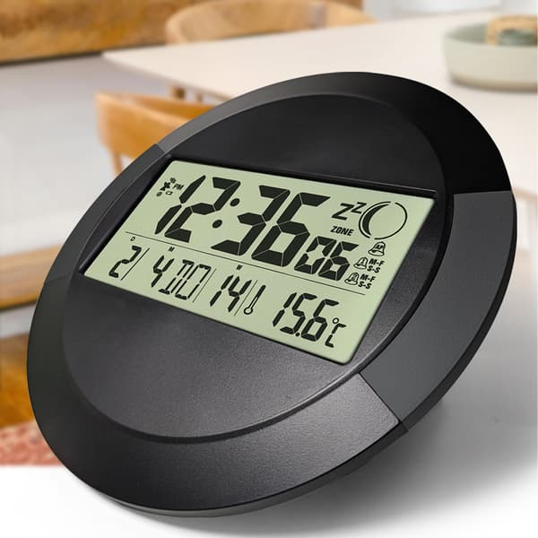 Väggklocka (Tyst Pendel, Trådlös, Batteridriven, 24h Format, Kalender, Dag, Termometer, Vägg- eller Bordsmontering