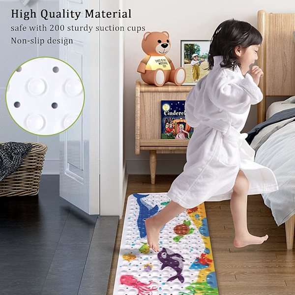 Skridsikker bademåtte, 100 x 40 cm skridsikker bademåtte, med 200 sugekopper PVC-materiale, brusebadsmåtte med tegneserie havdyr til børn og baby