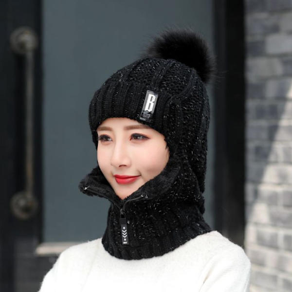 1 topp ull stickad hatt skidhatt set vindtät vinter utomhus black