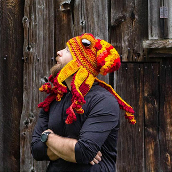Bläckfisk Vuxen Tentakel Mössa Handvävd Stickad Bläckfisk Mössa Jul Halloween Kostym Cosplay (Gul)