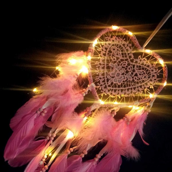 Dream Catcher (20*45cm, vaaleanpunainen, vaalea), Boho Style LED-valo käsintehty