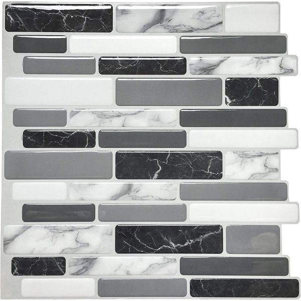 10 stykker, svarte og grå selvklebende fliser med marmormønster, Mo