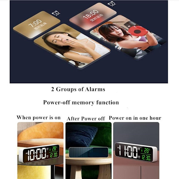 LED Digital Väckarklocka Snooze Temperatur Datum Visning USB