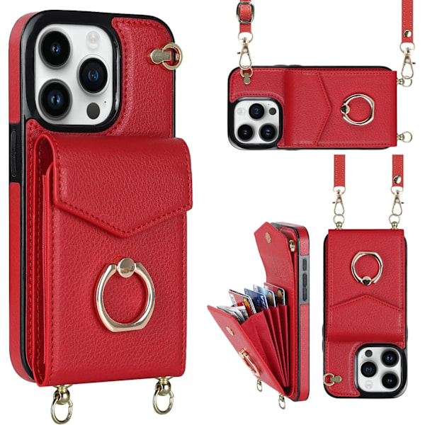 Kompatibelt iPhone 15 Pro Max Cover 6.7 tommer, minimalistisk wallet cover med ringstøtte og skulderrem - Rød