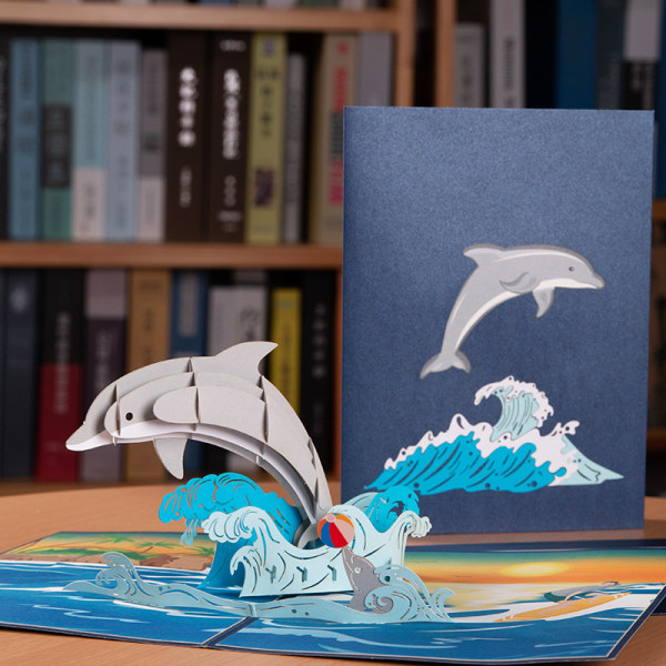 3D Dolphin pop-up kort, födelsedagskort, kuvert ingår, födelsedag