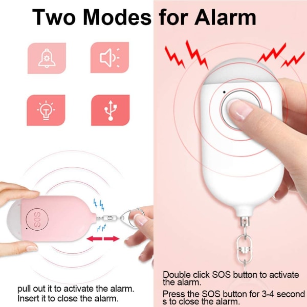 2 stk. 130 DB Personlig Nødalarm, Genopladelig Sikkerhedsalarm med LED Lommelygte Anti-Overfaldsalarm, til Kvinder Børn Ældre Eventyrere - Pink&Hvid