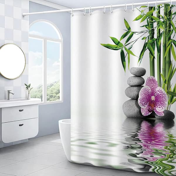 120 x 180 CM - Vit Duschdraperi med Haka Blomma Rosa Bambu S