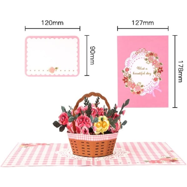 3D Pop Up-kort Rose Basket Blomster, Bursdagskort for Kjæreste