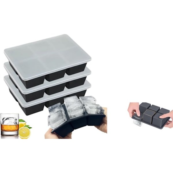 Stor Isbitsform för Whiskey 3-pack, Stor Silikon Fyrkantig Isbitsform med Avtagbart Lock