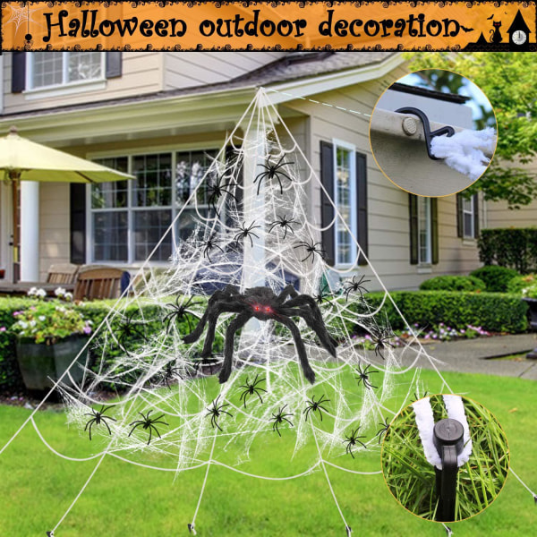 Halloween dekorasjoner, 5 meter trekantet nett hvit + 125 edderkopper