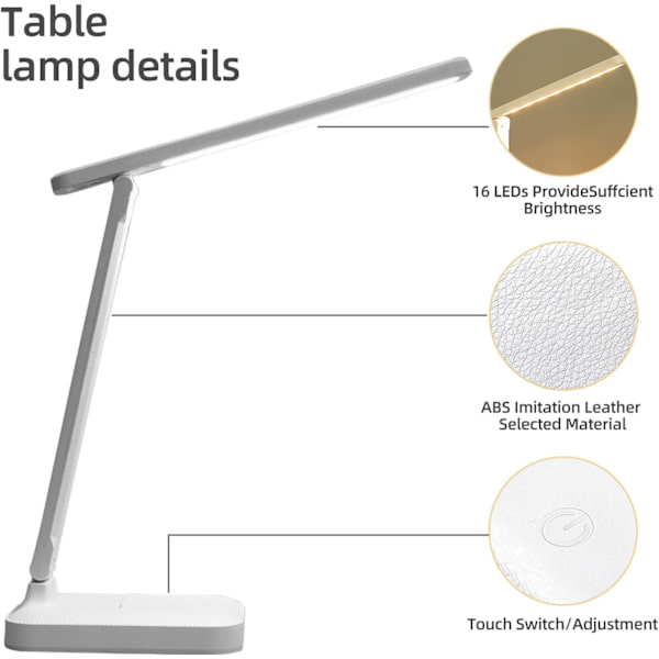Skrivebordslampe, LED-bordlampe, sammenklappelig 3 farvebelysningsniveauer, USB