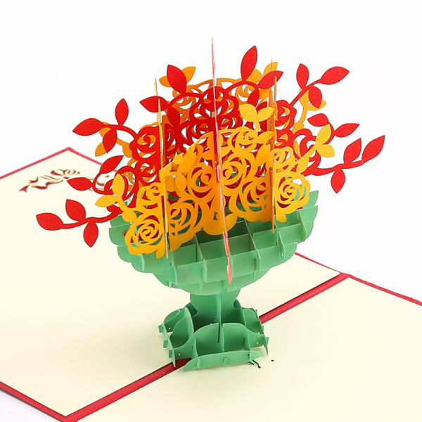 3D Yellow Red Roses Bouquet in Elegant Vase 15*15cm Greeting Car