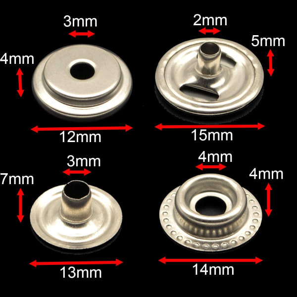 100 st 15 mm rostfria fästelement tryckknappar