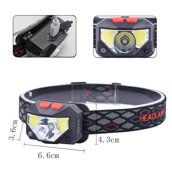 LED-induktionsröd fiskehuvudlampa Mini USB inbyggt batteri