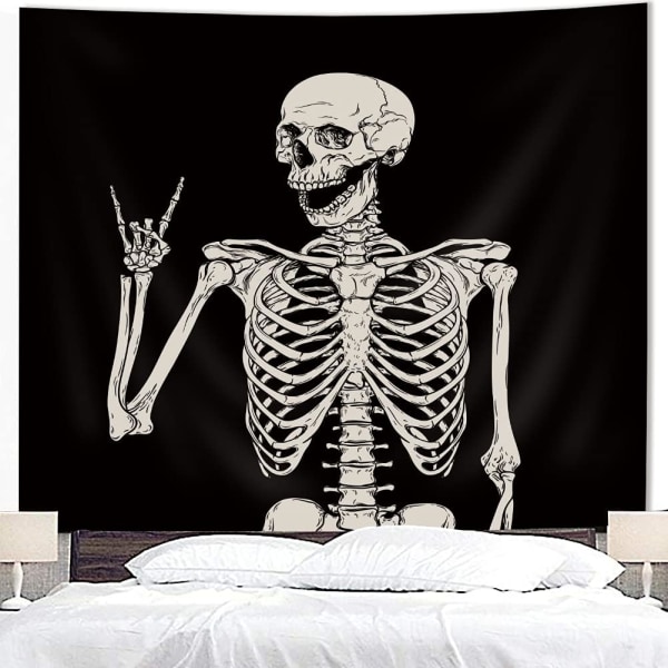 Kranietæppe Vægophæng 51Hx59W Tommer Sjovt Sort og Hvidt Skelet Tema Hjemmeindretning til Mænd Kvinder Gotisk Hippie Halloween Boheme Terror Rock and Roll Soveværelse Stue Sovesal