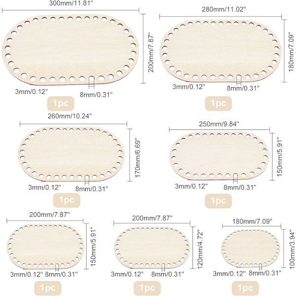 7 storlekar Naturlig Trä Korg Botten, Oval Vit Solid Virkad Ba
