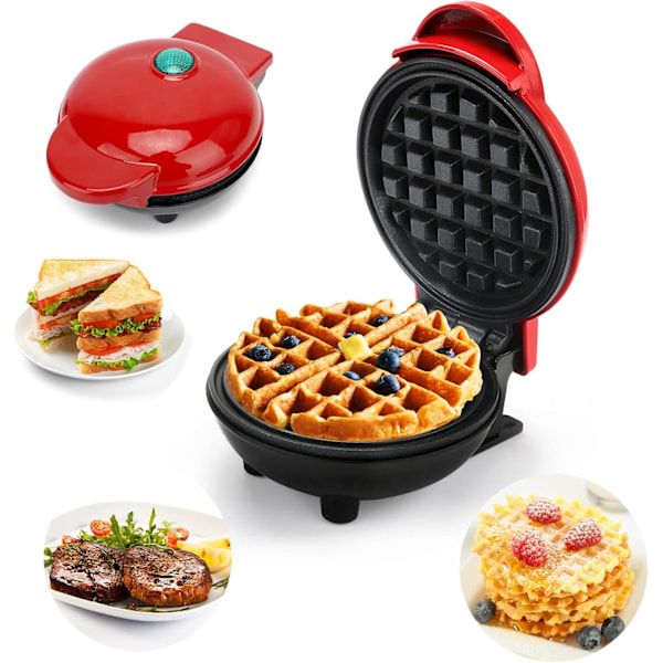 (Röd) Mini Rund Våffeljärn och Pannkaksvåffeljärn för Julgåvor, Mors Dag, Barnkalas, Familj