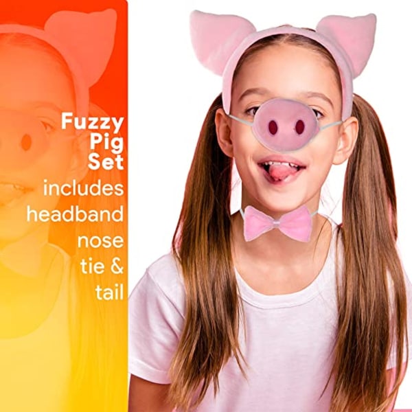 Pig Costume Accessories Set - Fuzzy Pink Pig Ears Pannebånd, sløyfe