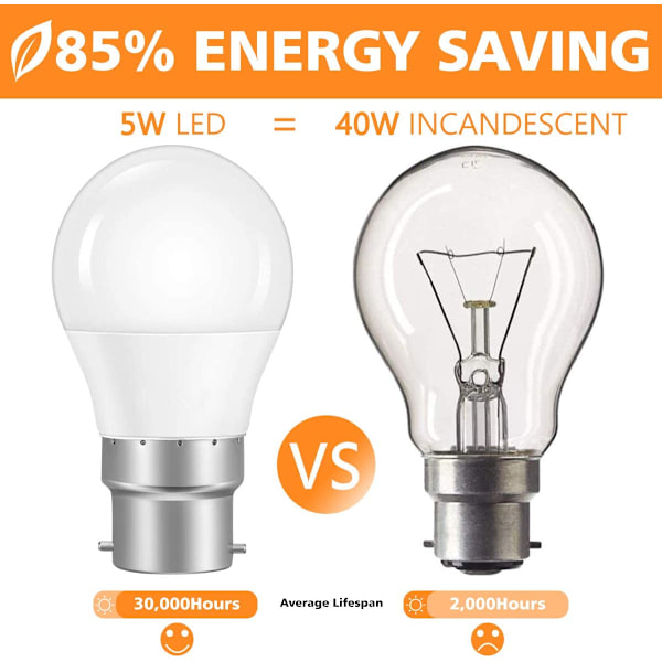 6-pack B22 bajonettlampor 5W, LED-golflampor vita 3000K, 40W glödlampa