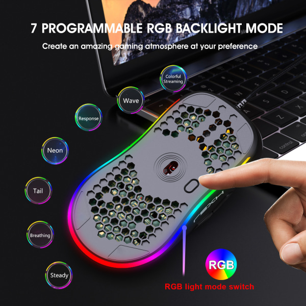 X600 RGB lysende makroprogrammeringsspillmus 6 taster kan slå av
