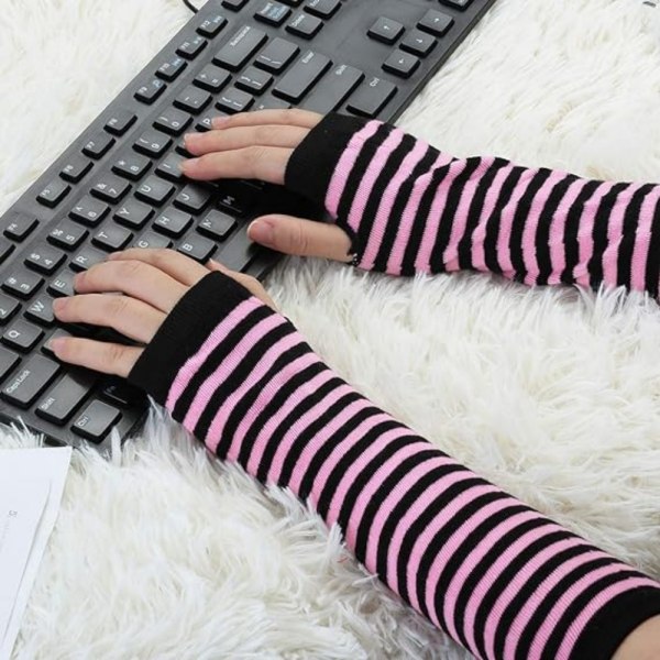 Vinterhansker for kvinner - Rosa striper, varme lange hansker med finne