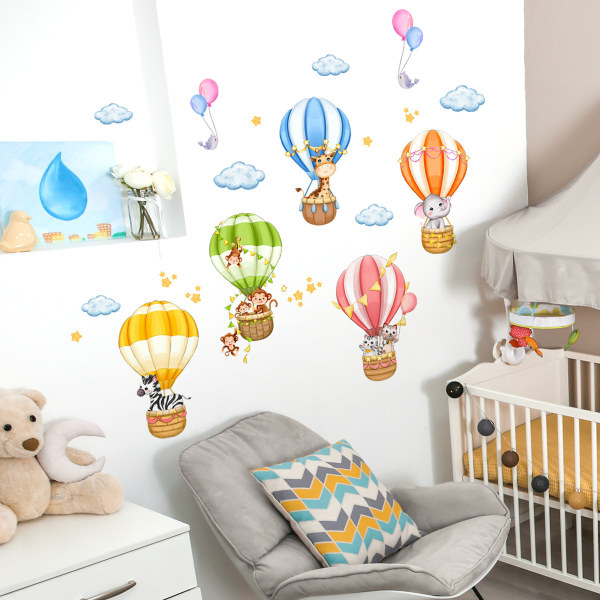 Varmtluftballon dyre vægklistermærke, blomst abe giraf elefant