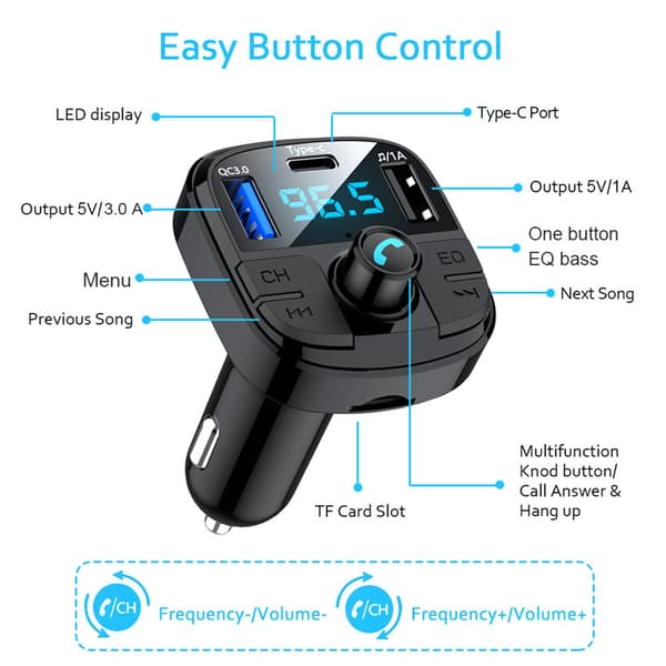 Bluetooth 5.0 FM-sender, håndfri bilkit med QC3.0 USB P