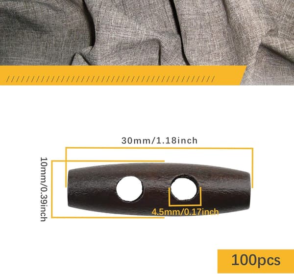 100 stk. 30mm mørkebrune 2-huls olivenformede træknapper