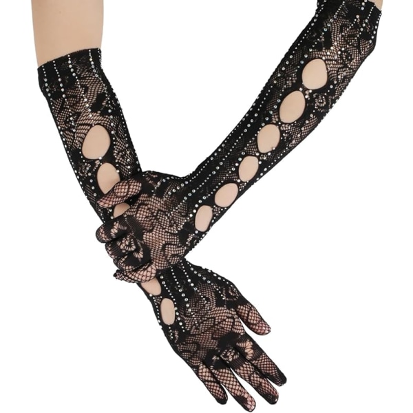 Ett par svarta handskar med diamantrosett, 40 cm långa med rosé sid