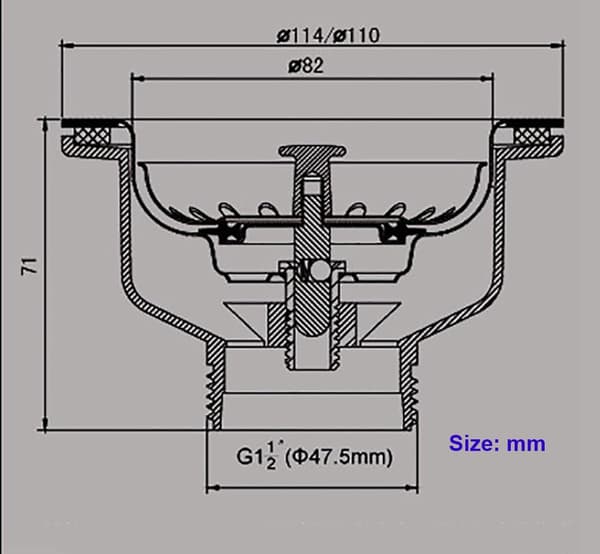 Afløbsarmatur til vask uden overløb, rustfrit stål, kurv ø 110 mm 1½\"