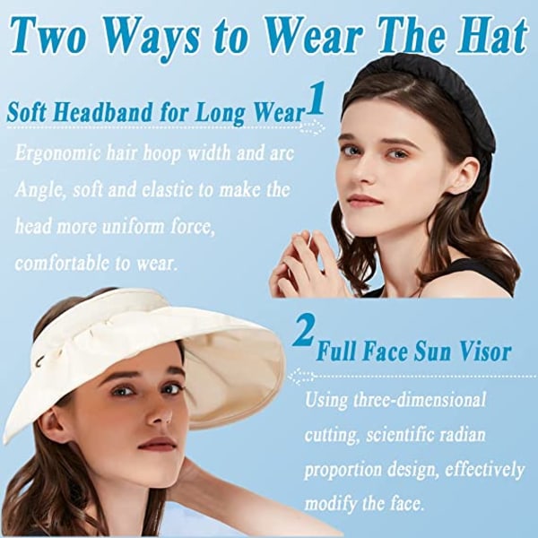 Solhat til kvinder, sort solhat med UV-beskyttelse, solskærm,